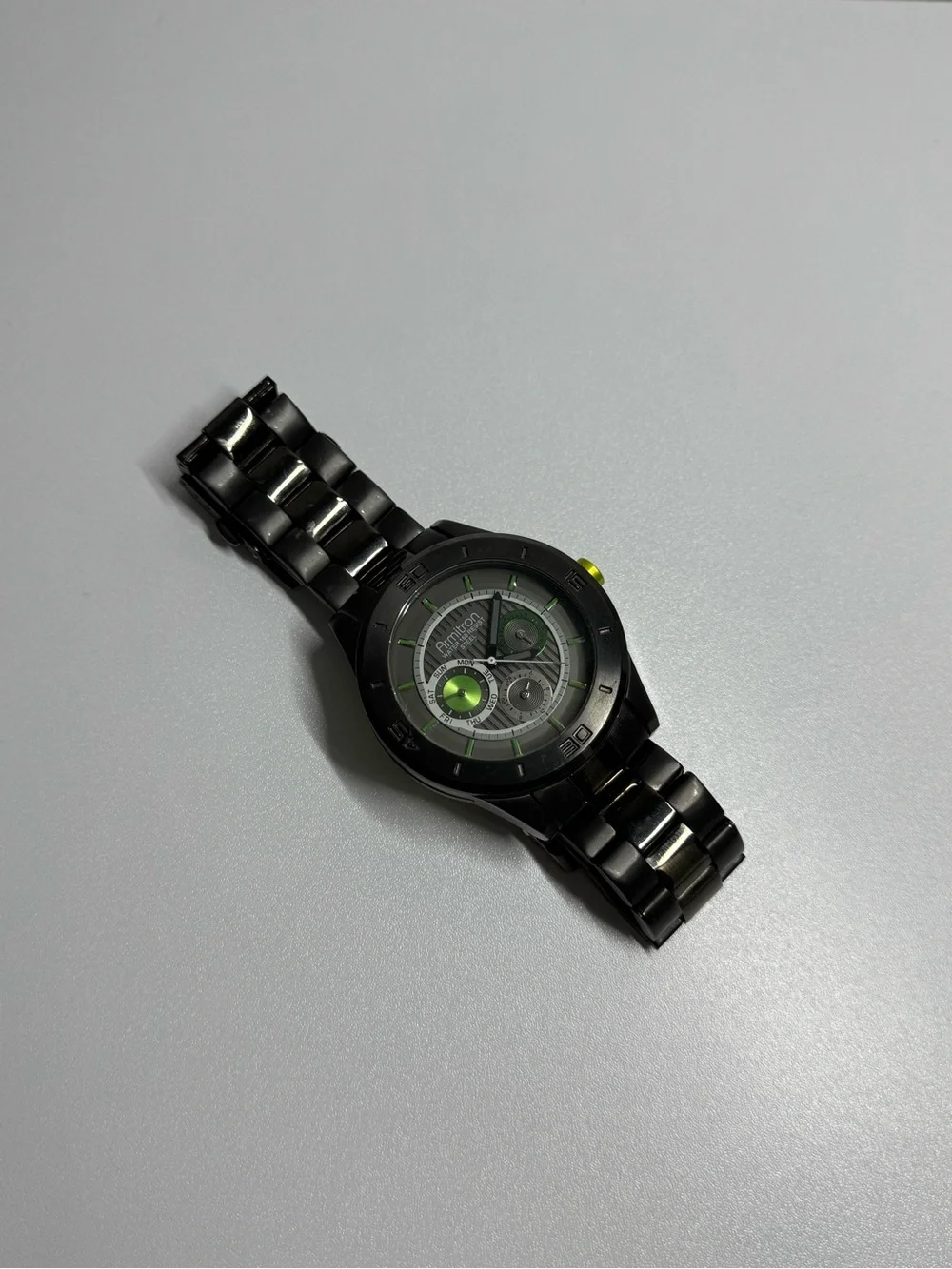 Men's Black Stainless Steel Chronograph Watch with Green Accents